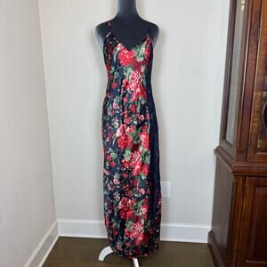 Valentino Intimo Vintage 90s Navy and Red Floral Maxi Slip Dress Lace Small